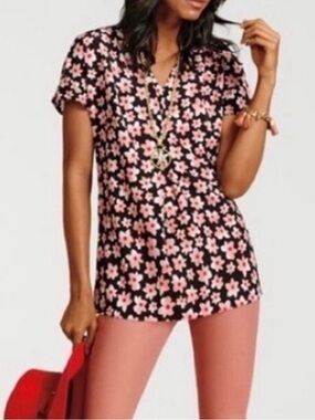 CAbi Harmony Blouse #5347 Pink Black Floral Starflower Boho Pleated Top Small
